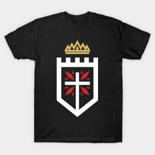 The cross of Jesus Christ against the backdrop of the fortress, on top of the crown - a sign of royal power. T-Shirt